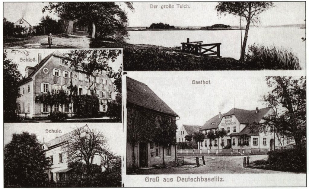 Schloß, Schule, Teich, Damm (ehem. Bock), Gasthof und Schmiede an der alten Brücke